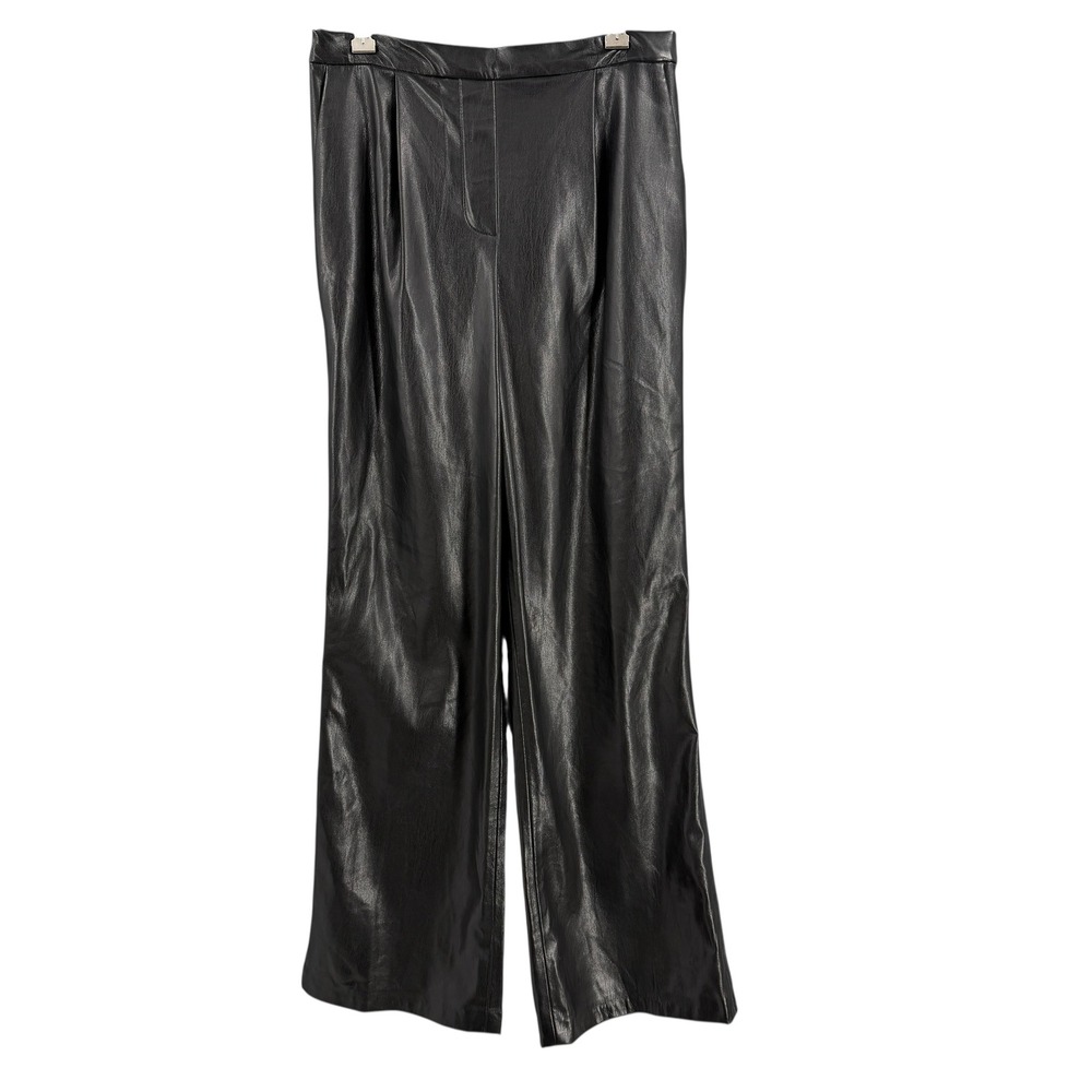 Donna Karan Faux Leather Pants Womens XS Black Wide Leg Pleated High Rise
